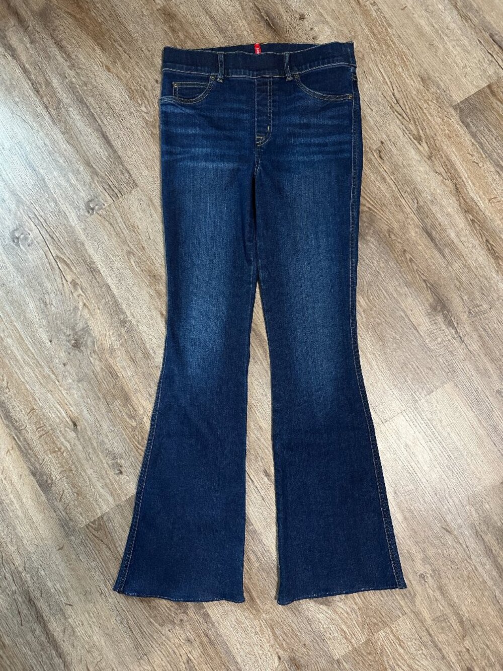 Spanx High Rise Pull On Flare Jeans Size Small Dark Wash Stretch Slimming